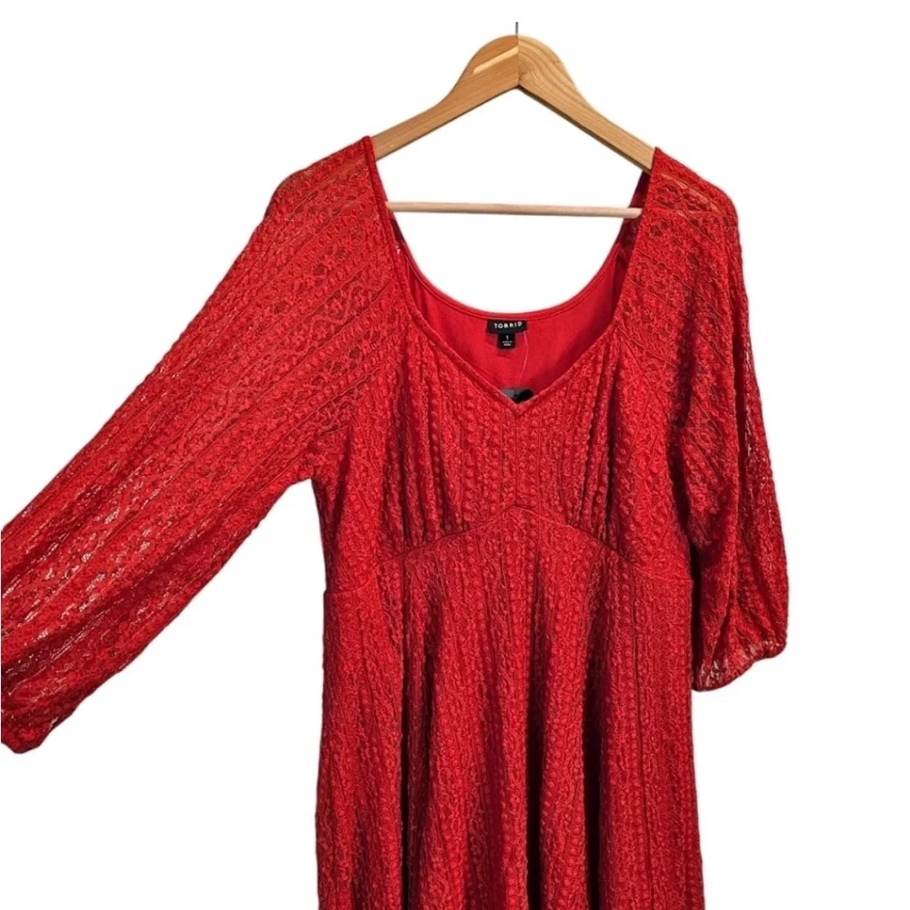 NWT Torrid Red Lace 3/4 Sleeve Fit and Flare Sweetheart Neck Dress Sz 1X - Picture 5 of 10